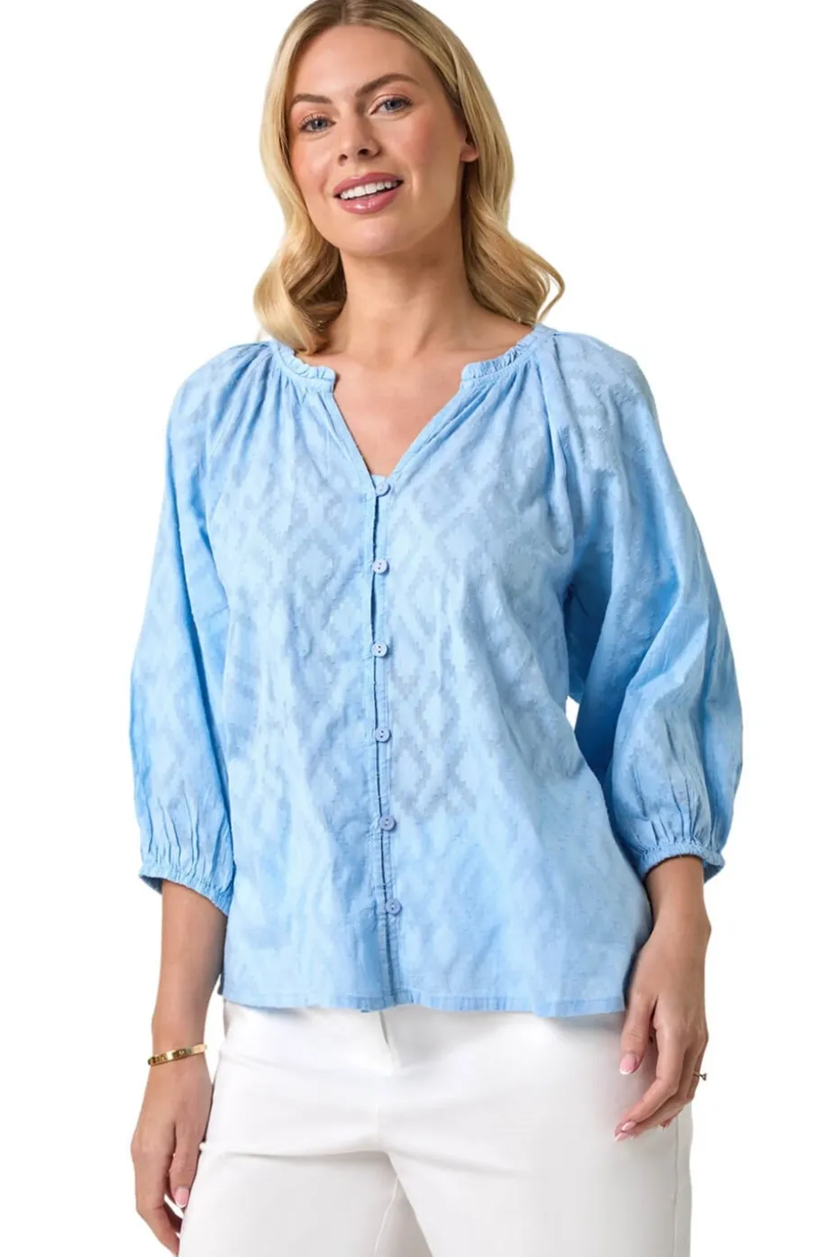 Roman Blue Petite Textured V-Neck Cotton Blouse