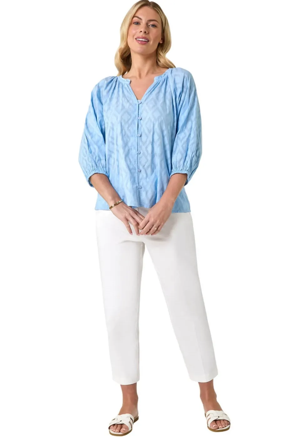 Roman Blue Petite Textured V-Neck Cotton Blouse