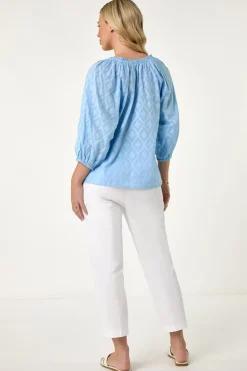 Roman Blue Petite Textured V-Neck Cotton Blouse