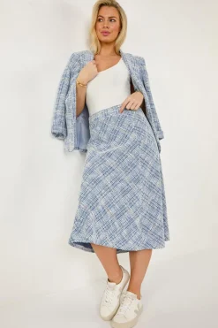 Roman Blue Petite Textured Boucle Midi Skirt