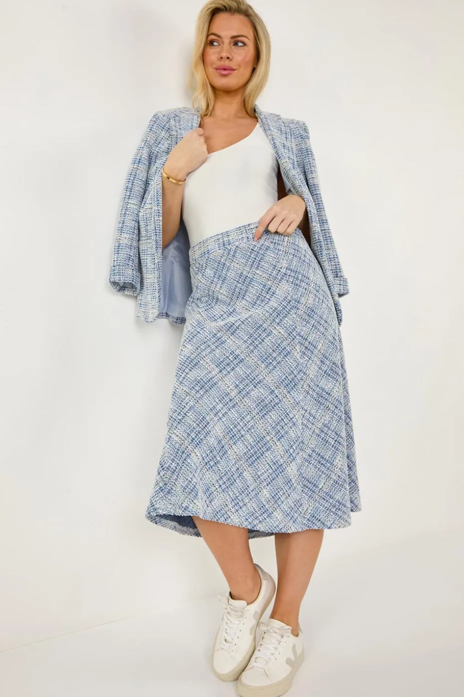 Roman Blue Petite Textured Boucle Midi Skirt