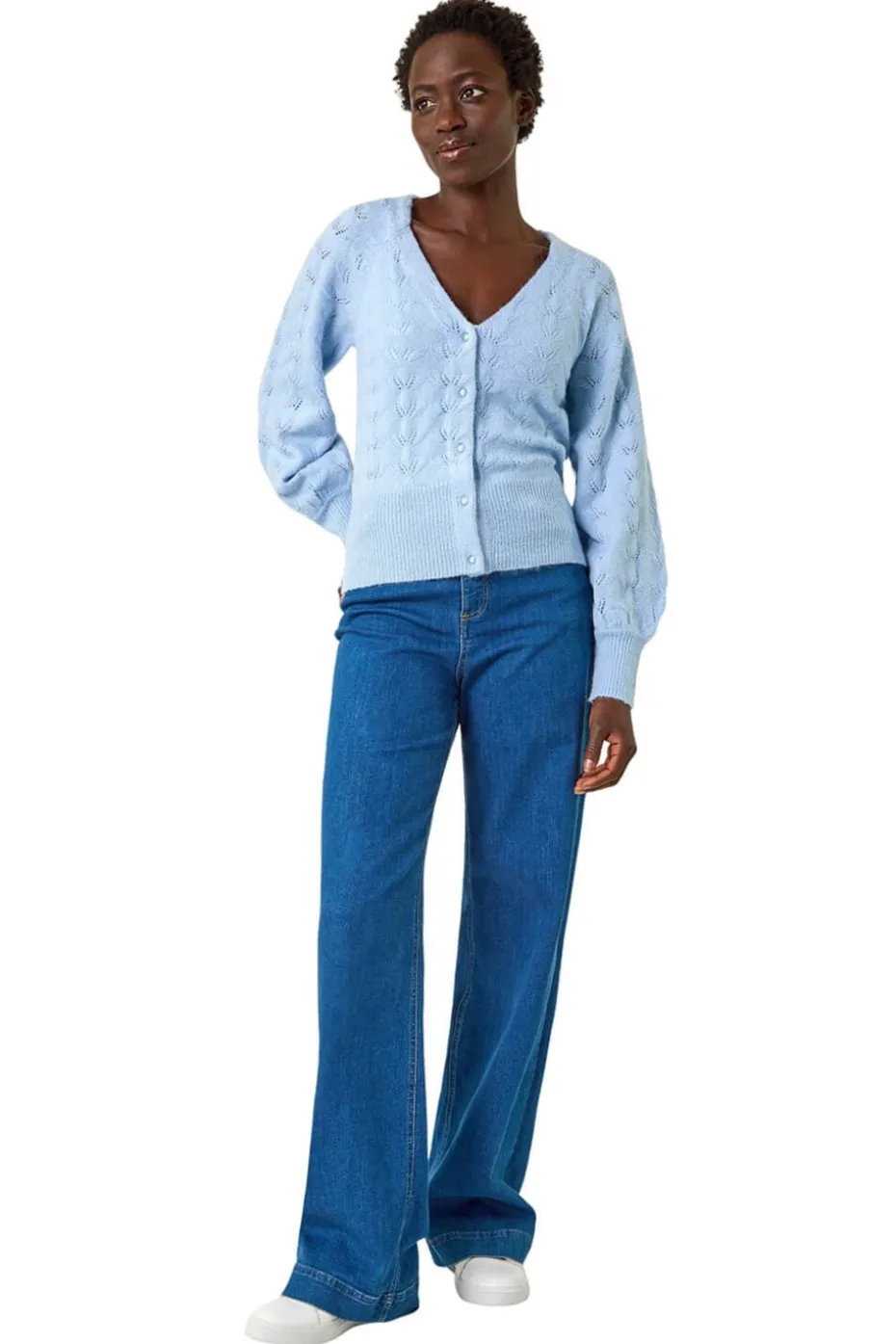 Roman Blue Pointelle Detail Knit Cardigan