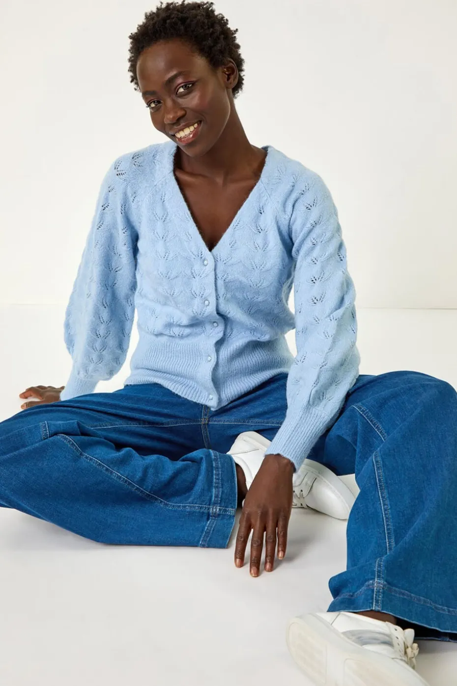 Roman Blue Pointelle Detail Knit Cardigan