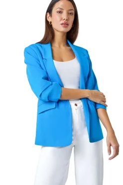 Roman Blue Ruched 3/4 Sleeve  Stretch Blazer