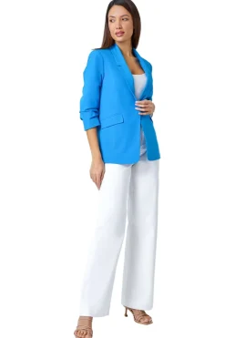 Roman Blue Ruched 3/4 Sleeve  Stretch Blazer