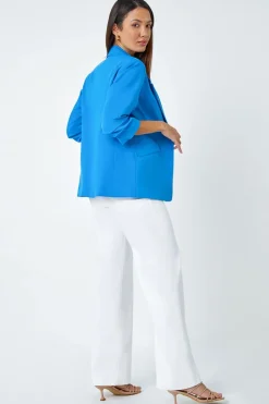 Roman Blue Ruched 3/4 Sleeve  Stretch Blazer