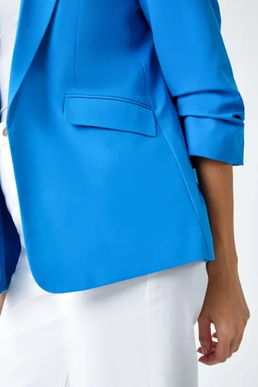Roman Blue Ruched 3/4 Sleeve  Stretch Blazer