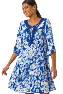 Roman Blue Shadow Floral Lace Smock Dress