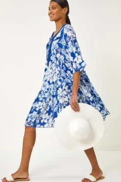 Roman Blue Shadow Floral Lace Smock Dress