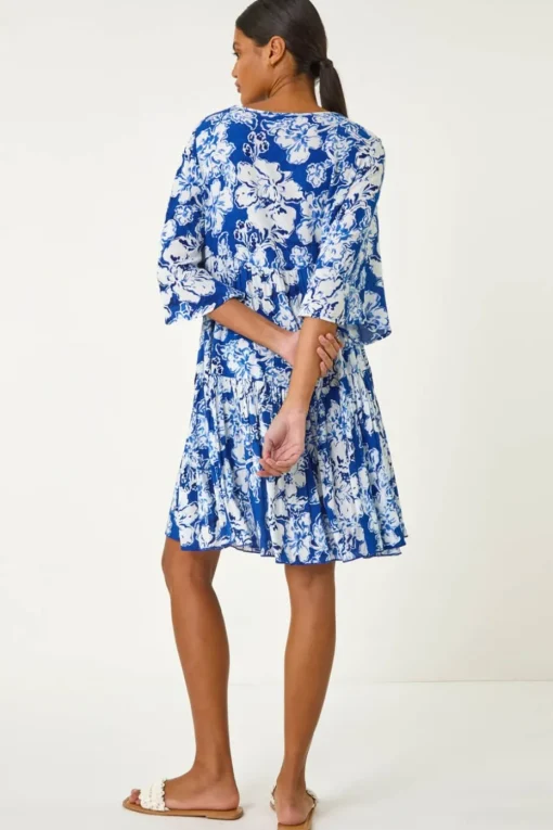 Roman Blue Shadow Floral Lace Smock Dress