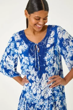 Roman Blue Shadow Floral Lace Smock Dress