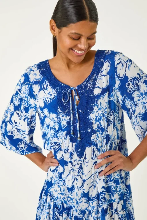 Roman Blue Shadow Floral Lace Smock Dress