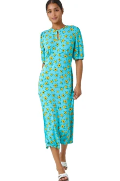 Roman Blue Sunflower Print Keyhole Stretch Midi Dress