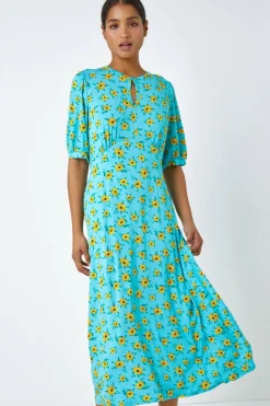 Roman Blue Sunflower Print Keyhole Stretch Midi Dress
