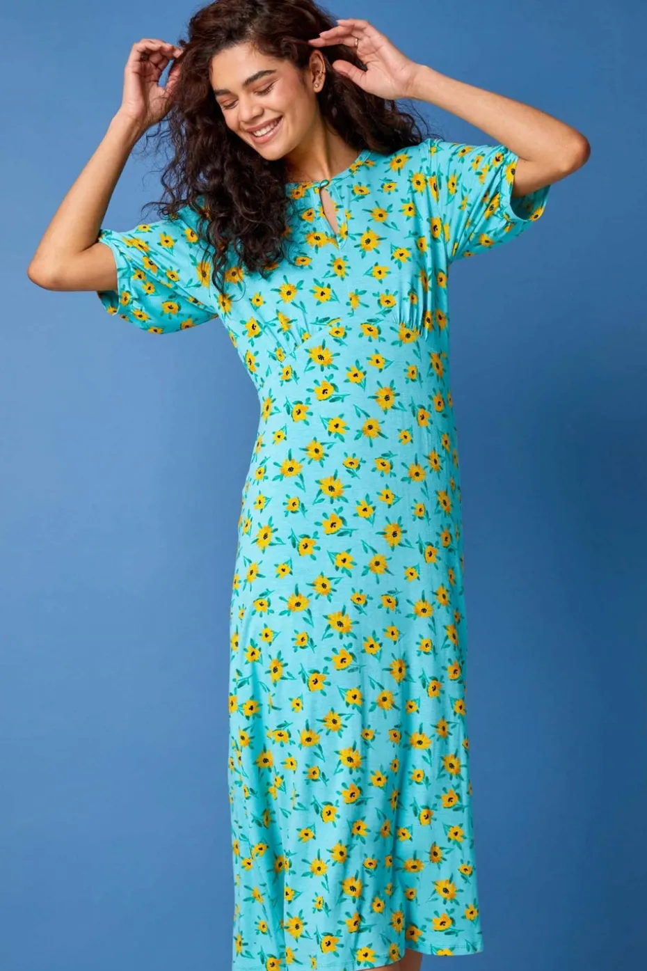 Roman Blue Sunflower Print Keyhole Stretch Midi Dress