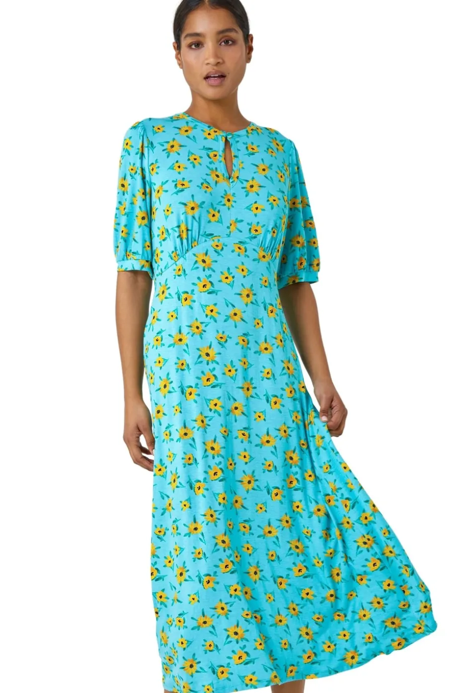 Roman Blue Sunflower Print Keyhole Stretch Midi Dress