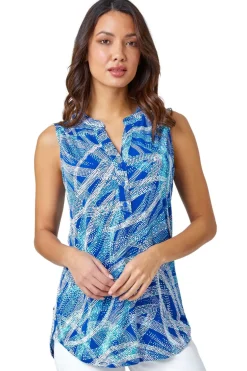 Roman Blue Textured Spot Print Sleeveless V-Neck Top