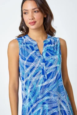 Roman Blue Textured Spot Print Sleeveless V-Neck Top