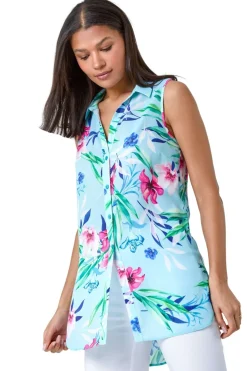 Roman Blue Tropical Floral Sleeveless Button Blouse