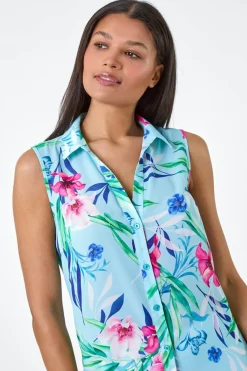 Roman Blue Tropical Floral Sleeveless Button Blouse
