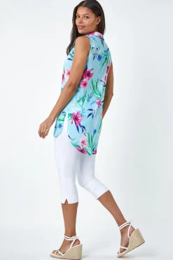 Roman Blue Tropical Floral Sleeveless Button Blouse