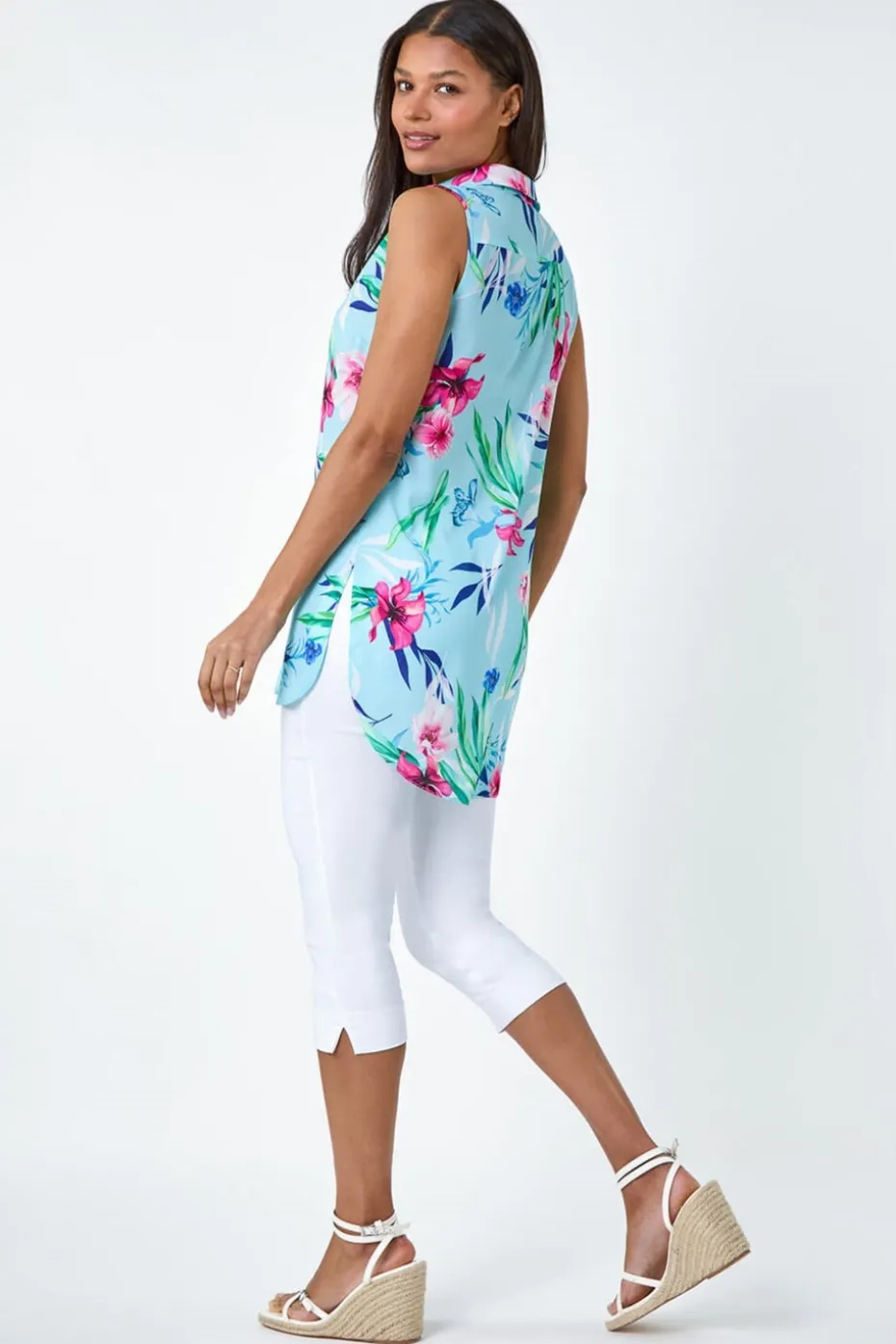 Roman Blue Tropical Floral Sleeveless Button Blouse