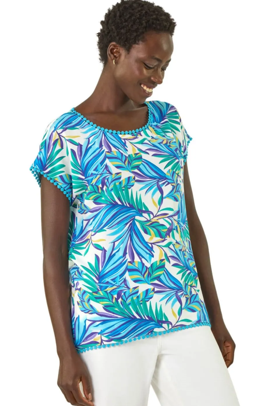 Roman Blue Tropical Leaf Bobble Trim Top