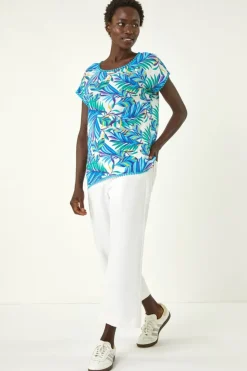 Roman Blue Tropical Leaf Bobble Trim Top