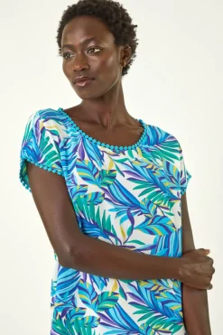 Roman Blue Tropical Leaf Bobble Trim Top