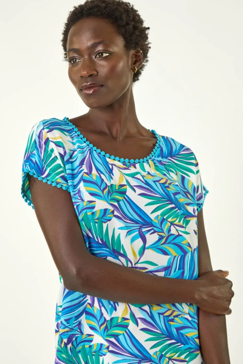 Roman Blue Tropical Leaf Bobble Trim Top