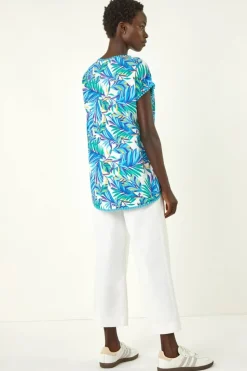 Roman Blue Tropical Leaf Bobble Trim Top