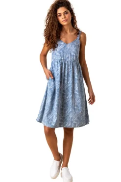Roman Blue Tropical Print Strappy Sun Dress