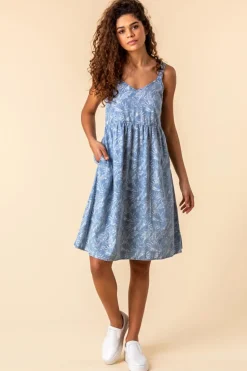 Roman Blue Tropical Print Strappy Sun Dress