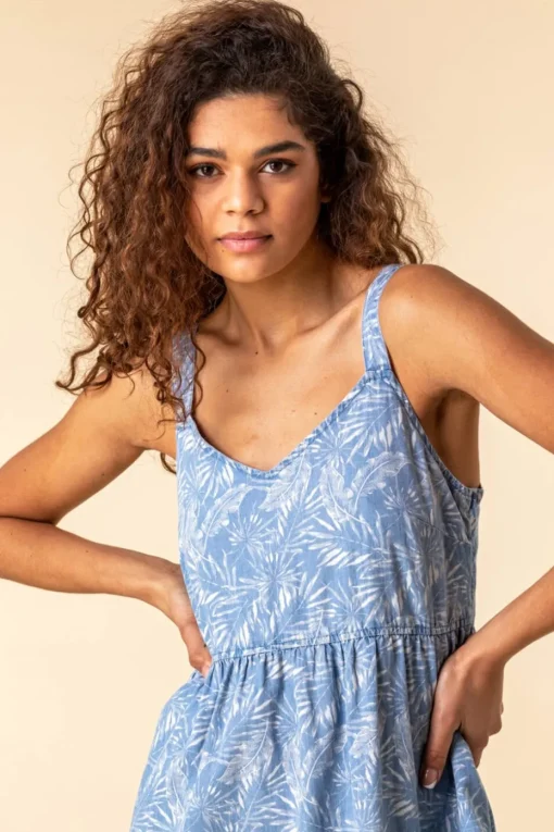 Roman Blue Tropical Print Strappy Sun Dress