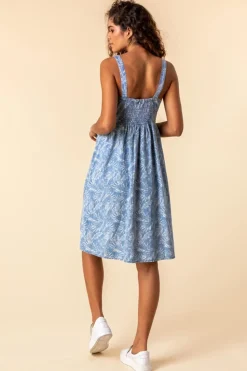 Roman Blue Tropical Print Strappy Sun Dress