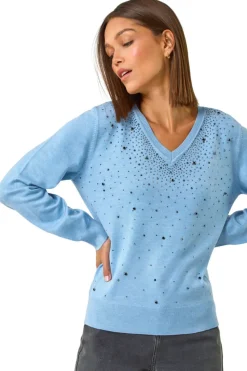 Roman Blue V-Neck Sparkle Hotfix Knit Jumper