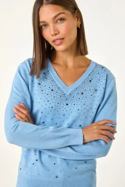 Roman Blue V-Neck Sparkle Hotfix Knit Jumper