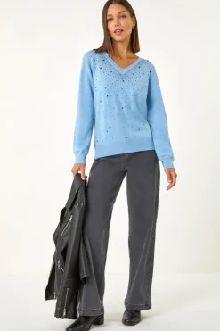 Roman Blue V-Neck Sparkle Hotfix Knit Jumper
