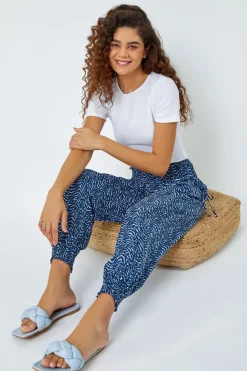 Roman Blue Wave Print Elastic Waist Hareem Trousers