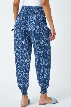 Roman Blue Wave Print Elastic Waist Hareem Trousers