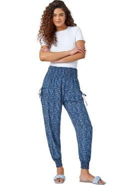 Roman Blue Wave Print Elastic Waist Hareem Trousers