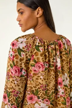 Roman Brown Animal Floral Print Tunic Top