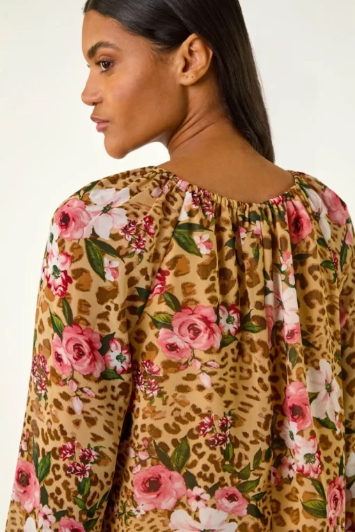Roman Brown Animal Floral Print Tunic Top