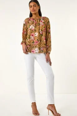 Roman Brown Animal Floral Print Tunic Top