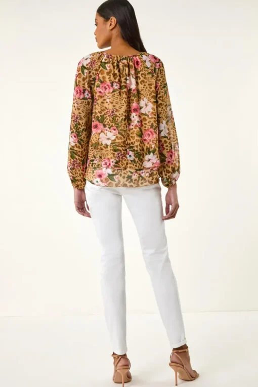 Roman Brown Animal Floral Print Tunic Top