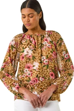 Roman Brown Animal Floral Print Tunic Top
