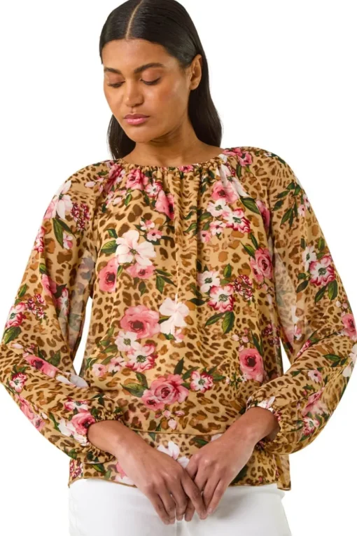 Roman Brown Animal Floral Print Tunic Top