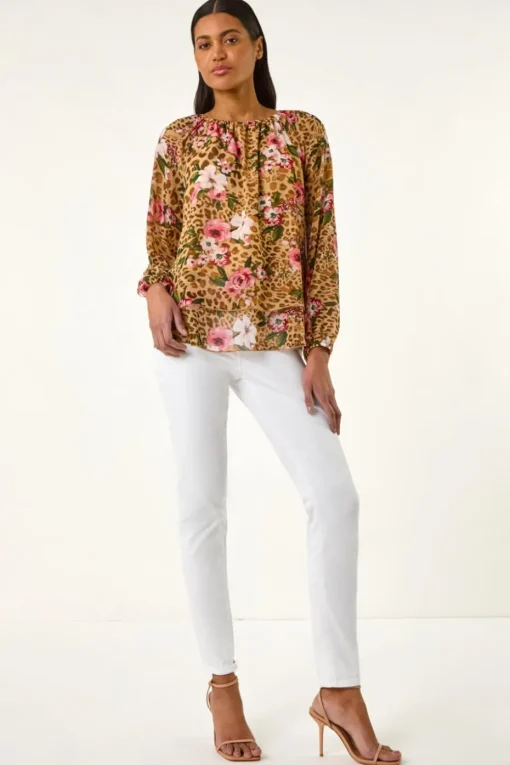 Roman Brown Animal Floral Print Tunic Top
