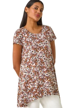 Roman Brown Animal Print Hanky Hem Stretch Top