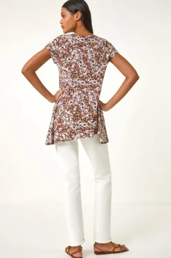 Roman Brown Animal Print Hanky Hem Stretch Top